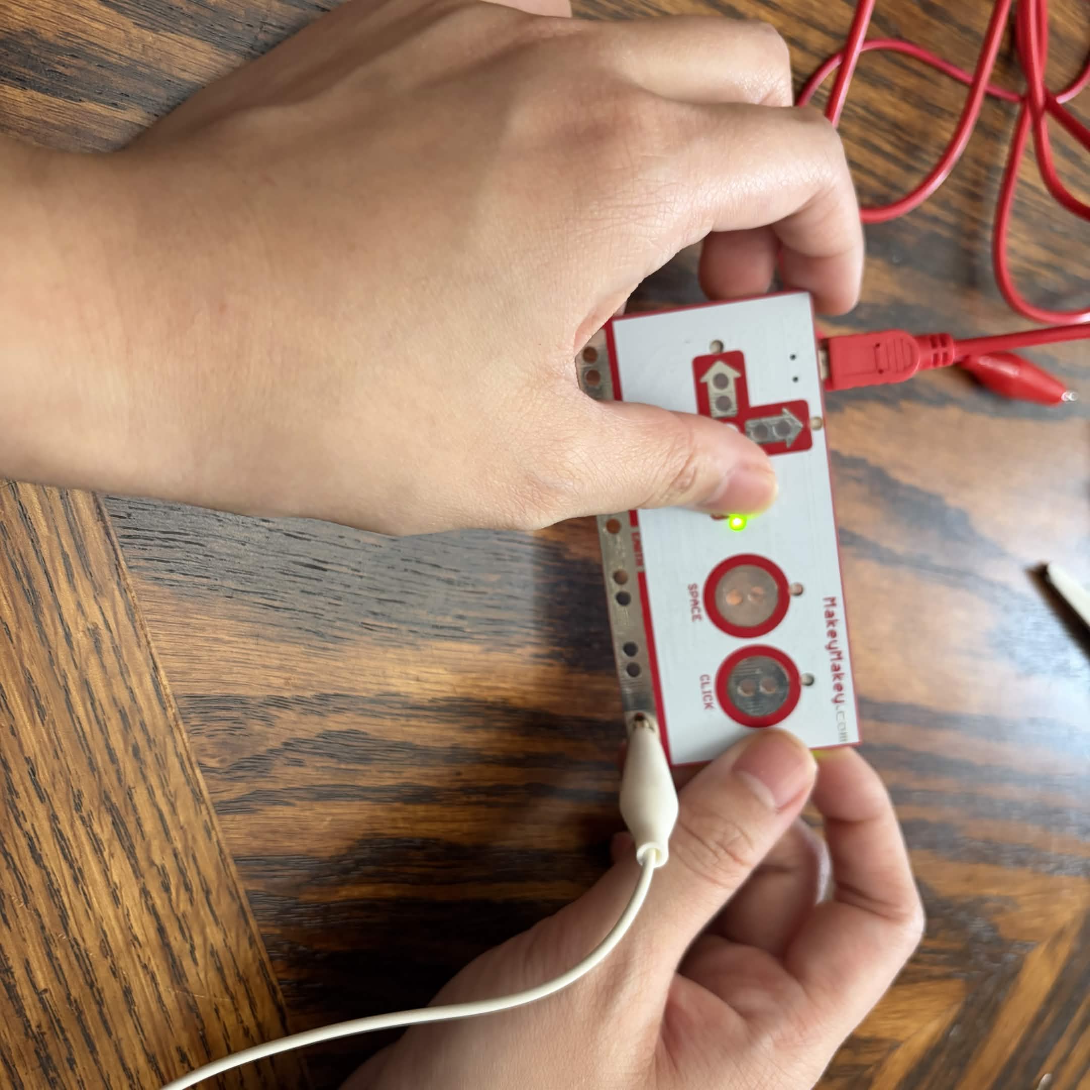 Holding the Makey Makey with one input.