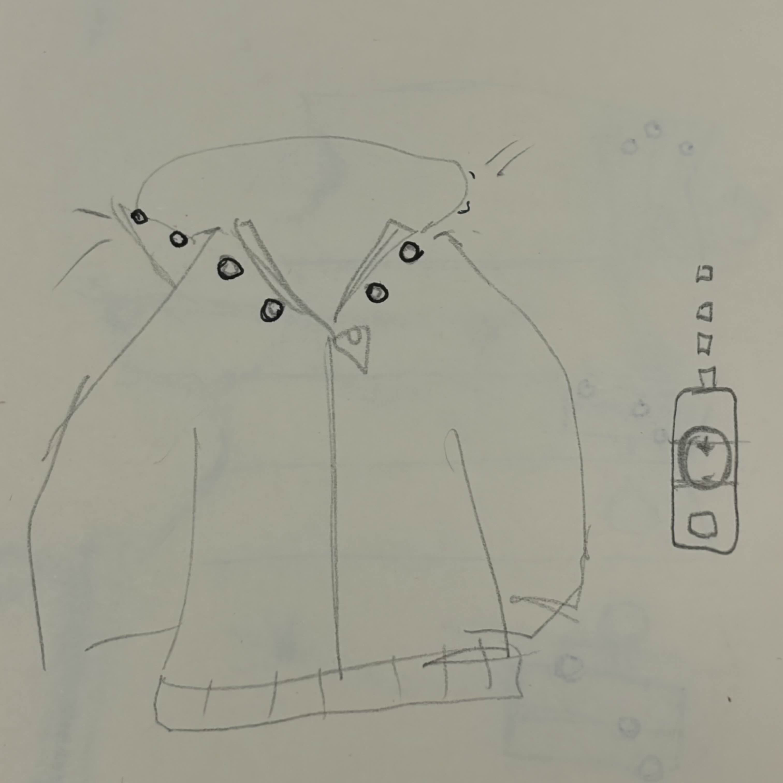 A rough thumbnail of a sweater that lights up when it is zipped up all the way. I initially thought that the battery can be 
                taped onto the zipper itself, but it proves to be different while seeing the zipper demo in class.
                It is better if the battery is ground onto the bottom/hem of the sweater, and the lights turn on via conductive thread.