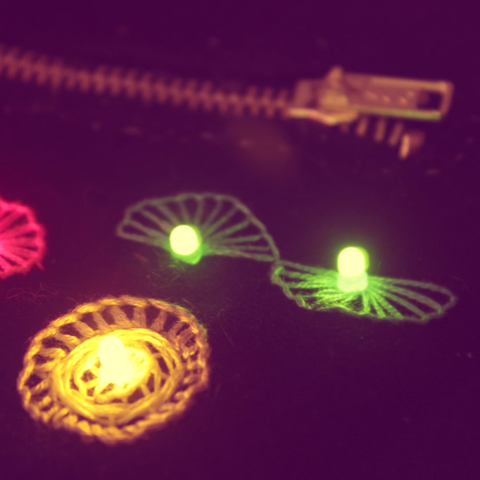 An idea of a wearable circuit. The zipper would allow the lights to turn on by bringing the zipper upwards.
                <br> Original image source: https://www.flickr.com/photos/bugambilo/10078714456/