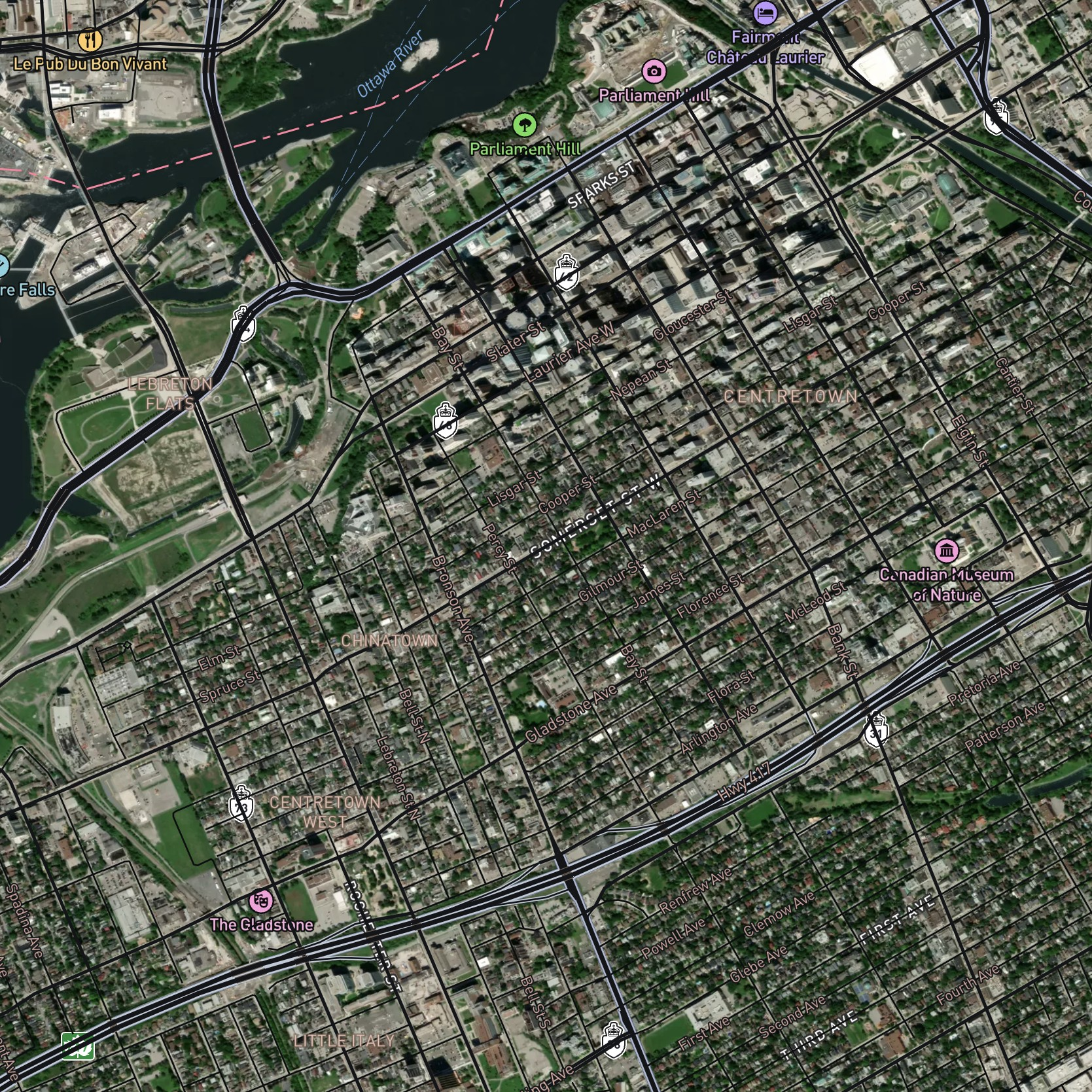 A satellite map of Chinatown. I used this as reference while working with colors and labels in Mapbox.