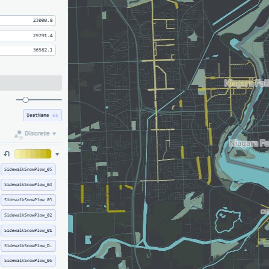 Working with the Niagara Falls GeoJSON data on snow plow routes in the region.